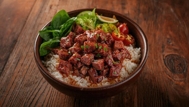 Rice bowl featuring cubed beef steak in traditional Southeast Asian style on a rustic wooden surface