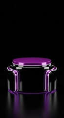Futuristic, dark product display podium with vibrant purple neon light on a black background