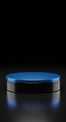 Minimalist cylindrical podium with a matte blue top and glossy black base on a dark background