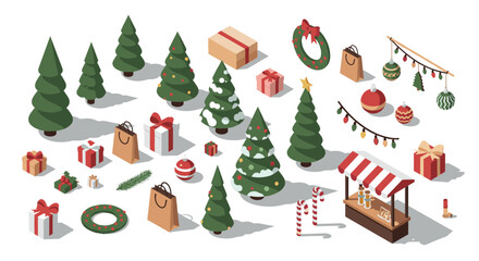 Fototapeta premium Festive isometric christmas elements with trees, gifts, and decorations