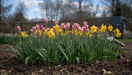 Getting the garden ready for spring with blooming pink tulips and yellow daffodils in early spring months