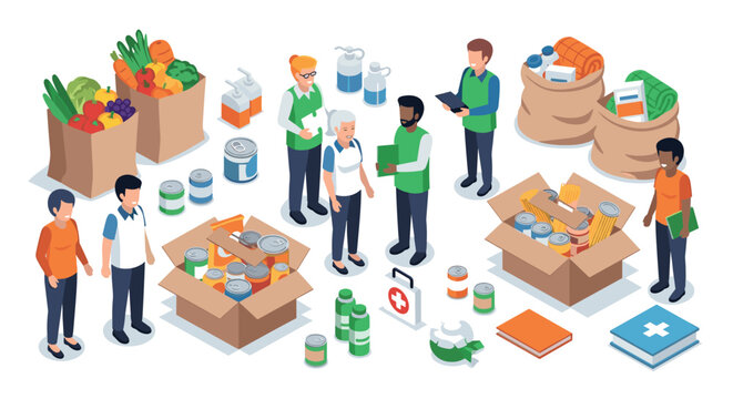 Community donation drive: volunteers organizing food and supplies for the needy