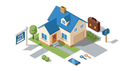 Isometric real estate concept with house for sale sign and accessories