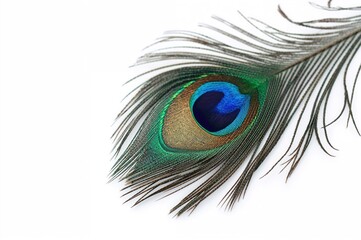 Obraz premium Isolated peacock plume against a plain white backdrop with room for text