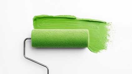 Obraz premium Green paint stroke created by a paint roller on a white surface