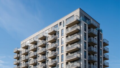 Fototapeta premium Modern apartment complex featuring balconies under a clear blue sky