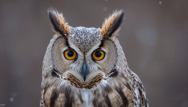 Close-up of a long-eared owl during the winter season