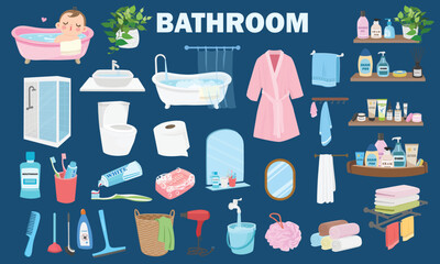Bathroom clipart elements in cartoon flat design. Includes bathtub, mirror, sink, toilet, cleaning supplies, towels, bathrobe, hair dryer, plants, and toiletries. Bathroom essentials vector set.