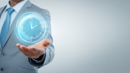 Business Professional Holding Holographic Digital Clock Concept