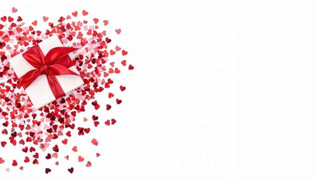 White gift box tied with a red ribbon amidst heart-shaped confetti on a clean white backdrop, space for text. Theme of love, romance, and celebration for Valentine's Day. - Powered by Adobe