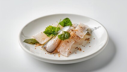 White horse mackerel on a plain background with sea elements and fishing vessel