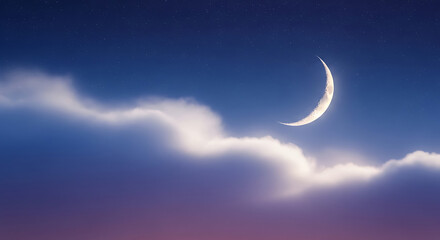 Blue Night Sky with Crescent Moon and Clouds, Background with Copy Space for Ramadan, Iftar, or Suhoor-Themed Content