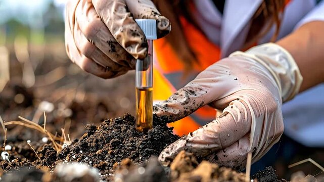 Scientist collecting soil sample in a test tube in a field for analysis and research purposes