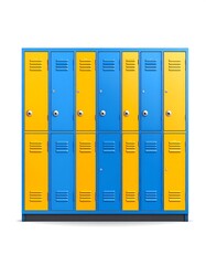 Colorful school lockers arranged neatly, featuring blue and yellow doors against a white background