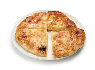 Cut delicious Megrelian khachapuri isolated on white