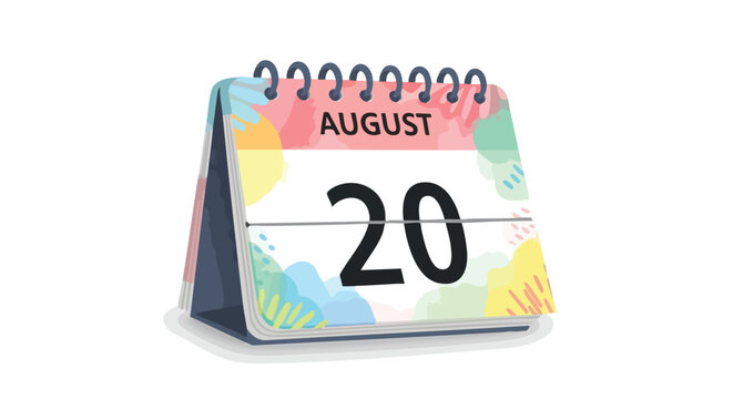 August 20th calendar page with vibrant abstract watercolor style graphics isolated on pure white canvas background, ideal for schedule or reminder