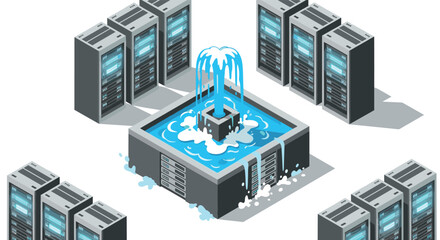 Isometric data center with cooling system featuring water fountain and server racks