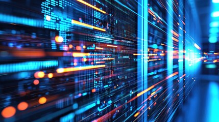 High speed data transfer in futuristic server room with glowing blue and orange lines, ideal for AI technology, IT infrastructure, and cloud computing visuals
