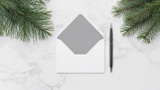Overhead shot of empty gray card inside a white envelope with a pen and pine branch on a tiered marble surface. Design presentation mockup featuring contemporary office accessories.