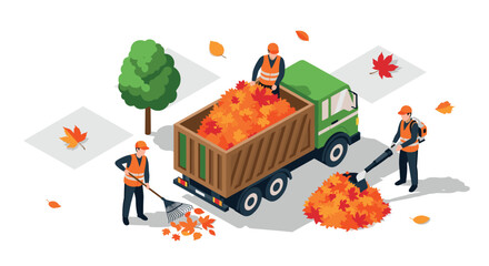 Workers collecting autumn leaves with truck in isometric cityscape