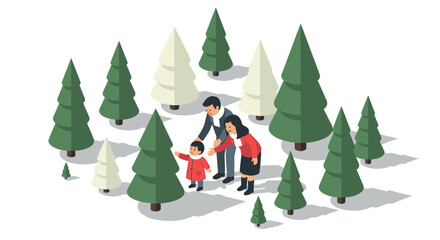 Obraz premium Family enjoying nature walk in winter forest with evergreen trees isometric design