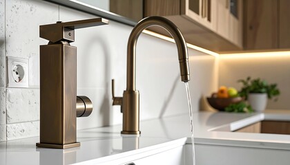 Modern kitchen faucet with flowing water