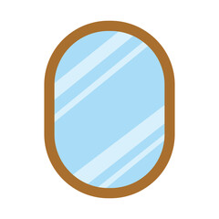 Obraz premium Mirror vector in flat cartoon style. Wall mirror in oval shape with brown frame. Household items in bathroom, bedroom or makeup accessories. Mirror clipart isolated on white background.