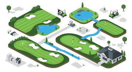 Isometric golf course design with green fairways and clubhouse