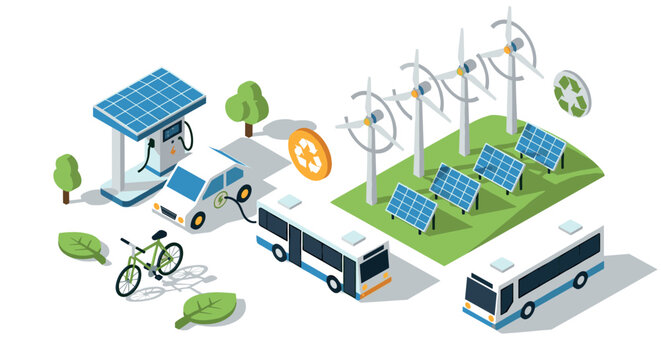 Isometric renewable energy scene with solar panels, wind turbines, and electric vehicles