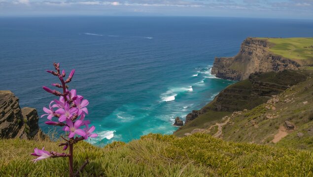 Matthiola maderensis bloom overlooking a stunning ocean coastline along a rugged peninsula hiking path.