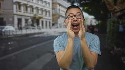 Man cupping hands to mouth calling out on a busy city street lined with buildings and pedestrians; excitement attention.