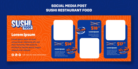 Sushi banner post template in orange blue background design with sushi menu for sushi restaurant advertisement design