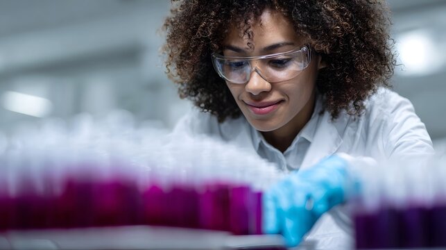 A focused female scientist in safety goggles works with purple liquid in laboratory test tubes
