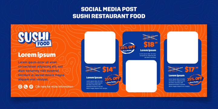 Sushi banner post template in orange blue background design with sushi menu for sushi restaurant advertisement design