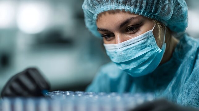 Close up of a medical professional in sterile protective wear meticulously examining small samples in laboratory vials