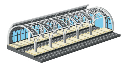 Modern isometric train station with glass roof design and railway tracks