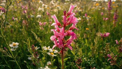 The pink Catchfly blooms beautifully among wildflowers in a meadow.