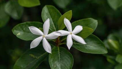 Fototapeta premium Pinwheel flower with lush green foliage in the background, showcasing white blossoms in a natural setting during spring and summer