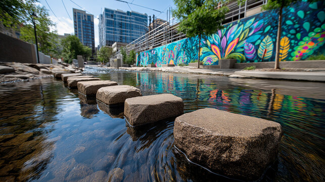City creek green corridor, stepping-stone crossing between murals, urban rewilding, walking, creek, stepping stones, murals, green corridor, sustainability, city, lifestyle, design