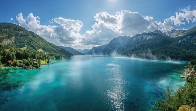 Wide-angle view of a deep glacial valley filled with water
