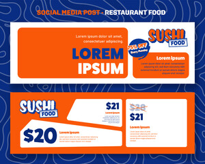 Sushi landscape banner post template with sushi price in blue orange and white background for sushi restaurant campaign design