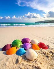 Colorful seashells arranged on a sandy beach with ocean waves and blue sky