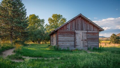 Obraz premium Rustic wooden house with a surrounding garden