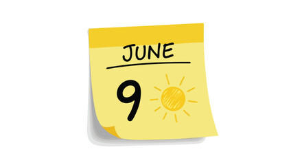 Illustration of yellow calendar page on June 9th with a sun symbol representing summertime brightness and seasonal schedules