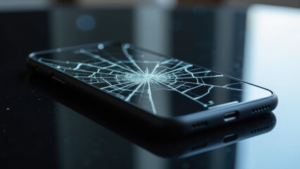 Damaged smartphone screen with spiderweb like crack pattern, resting on reflective surface, evokes sense of loss and fragility