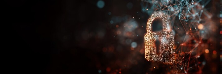 Digital lock symbol with glowing particles representing cybersecurity in a modern virtual environment. Place for text