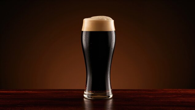 Dark bar setting with a glass of stout beer