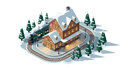Fototapeta premium Cozy snowy train station in winter forest with vintage train on circular track
