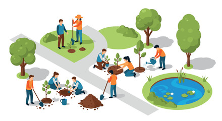 Obraz premium Community volunteers planting trees in park with pond in isometric design