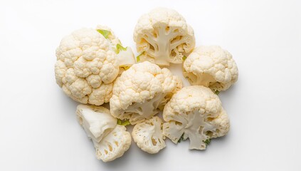 Overhead shot of fresh cauliflower chunks on a white surface